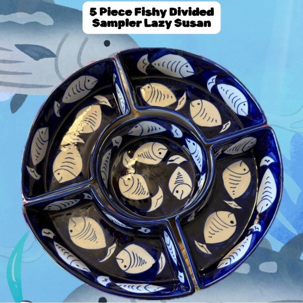 Fishy 5 Piece Divided Sampler Lazy Susan With Covered Basket Container